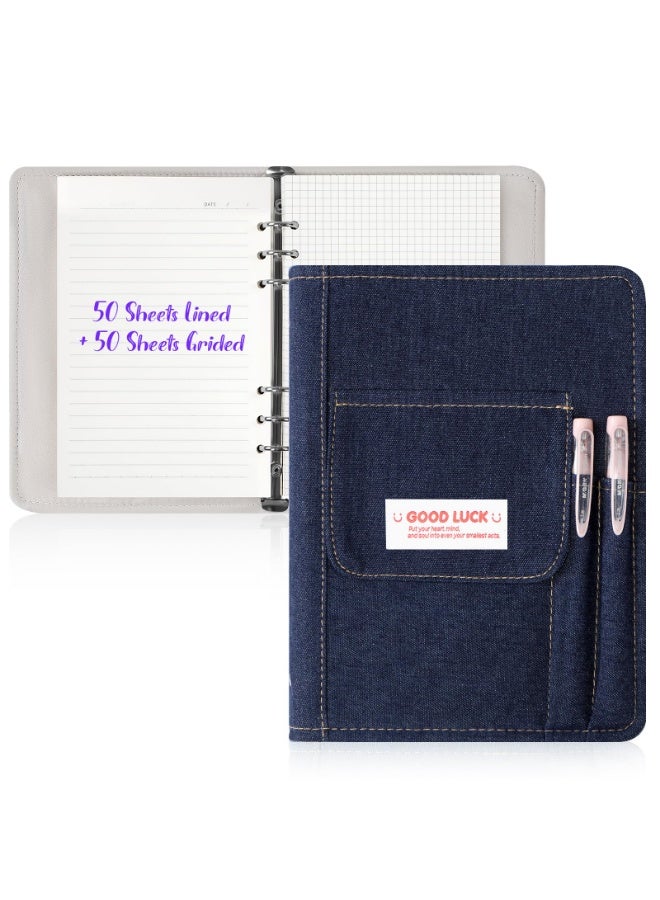 YelaJoy A5 Refillable Notebook Binder, A5 Denim 6 Ring Binder Cover with Refillable 100 Sheet Filler Paper, Y2K Personal Journal Notebook for Girls Women School College Students, Ideal for Journaling, Scrapbooking, K-pop Photocard Collecting, School and Gift Use(Dark DENIM) - Image 1